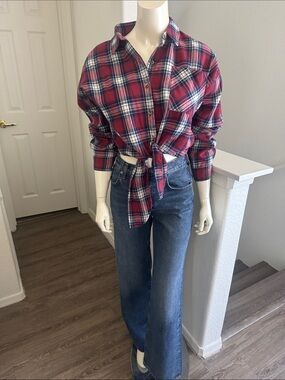 HYFVE Red Navy Plaid Button-Down Tie-Front Shirt